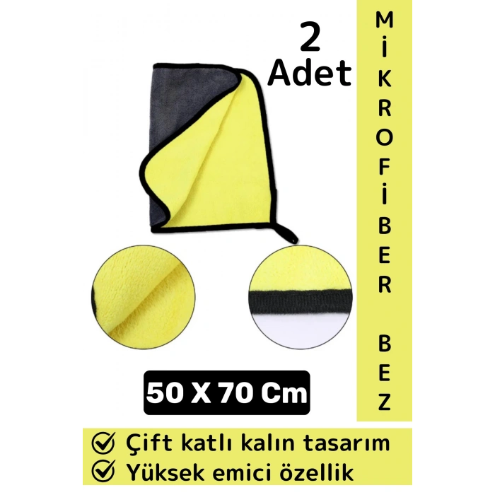 Araç İç Dış Temizleme Yüksek Emici Çift Katlı Yünlü Mikrofiber Araba Temizlik Bezi 50x70 Cm 2 Adet