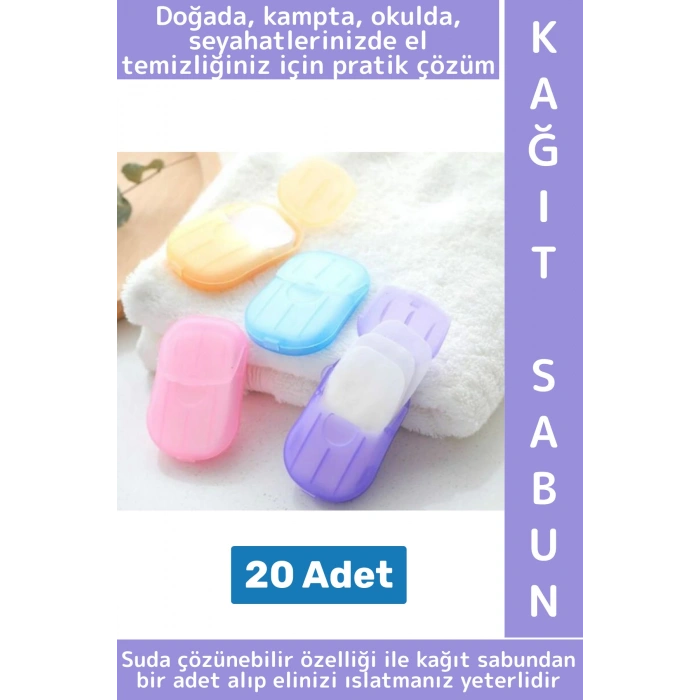 Seyahat Tipi Kamp Outdoor Okul Ofis Hafif Suda Kolay Çözünen Sabunluk Tasarımlı Kağıt Sabun 20 Adet