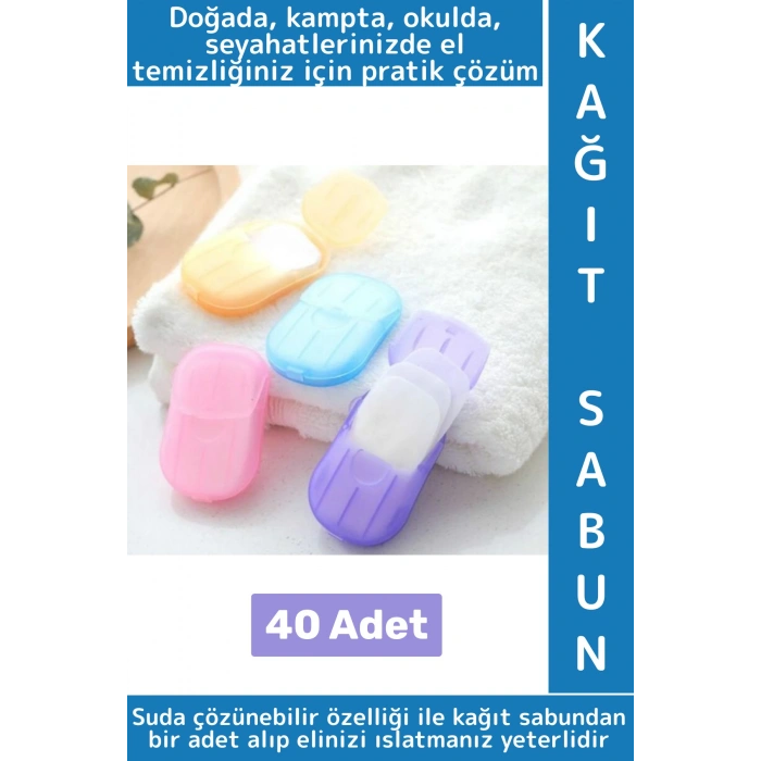 Seyahat Tipi Kamp Outdoor Okul Ofis Hafif Suda Kolay Çözünen Sabunluk Tasarımlı Kağıt Sabun 40 Adet