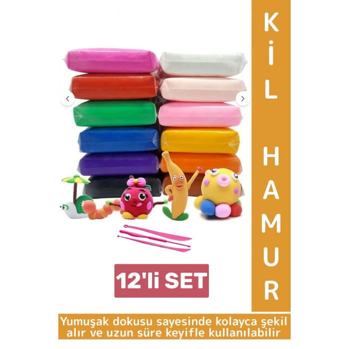 Eğlenceli Sağlığa Zararsız Hava İle Kuruyan Esnek Kolay Şekil Alır Çocuk Kil Oyun Hamuru 12li