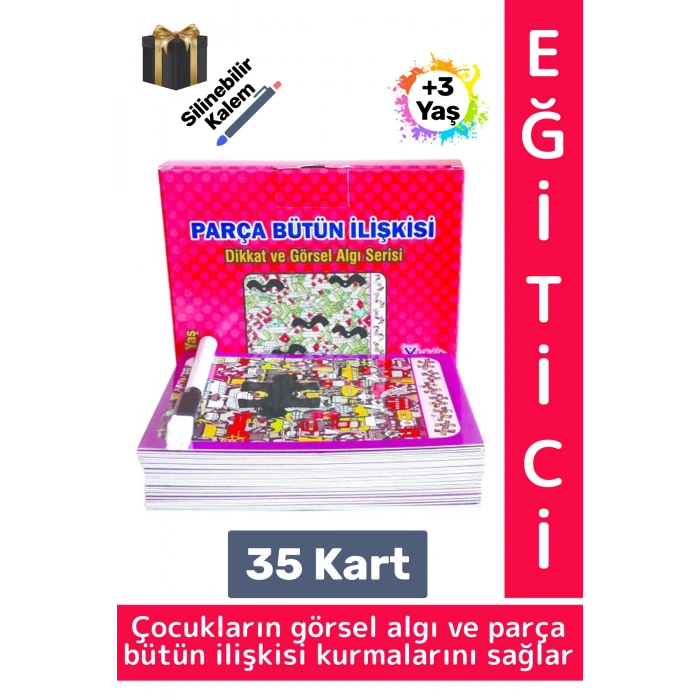 Eğitici Çocuk Görsel Algı Beceri Geliştirici Silinebilir Kalemli 35 Kart Parça Bütün İlişkisi +7 Yaş