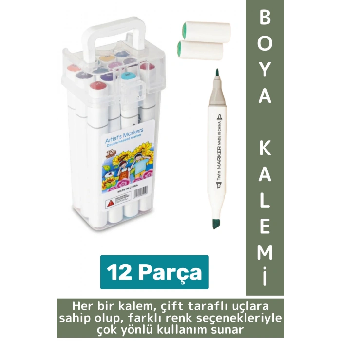 Yüksek Kaliteli Okul Hobi Sanat Çizim Canlı Renkli Çift Taraflı Marker Kutulu Boya Kalemi 12 Parça