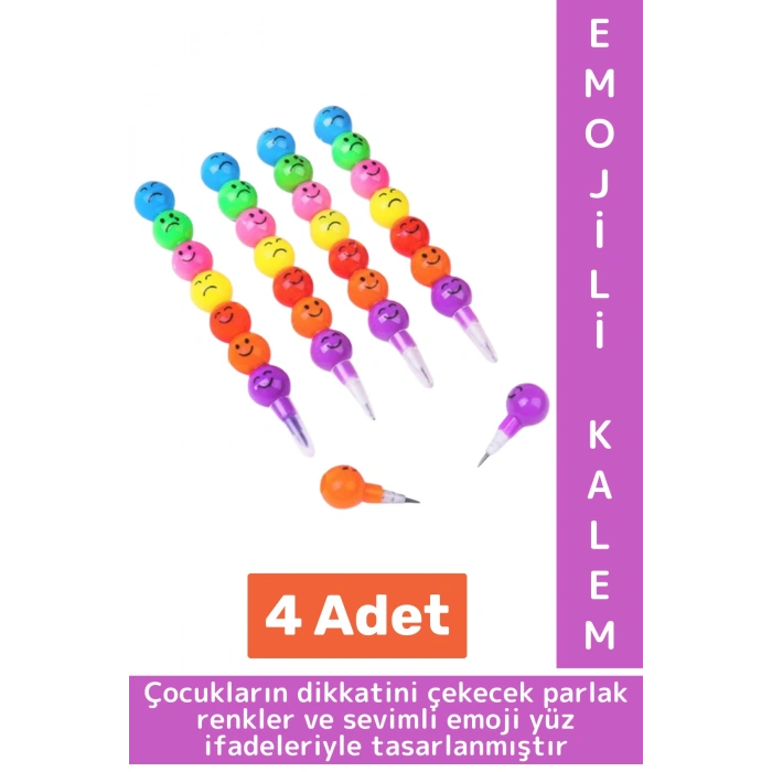 Eğlenceli Çocuk İlgi Çekici Okul Değiştirilebilir Uçlu Sevimli Emojili Yumurtlayan Kalem 4 Adet