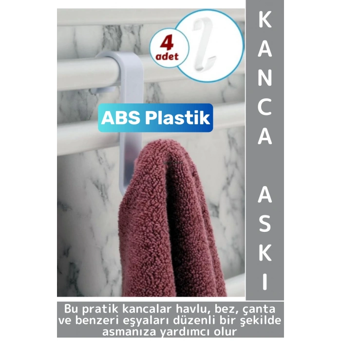 Dayanıklı Montajsız Çok Amaçlı Mutfak Banyo Dolap Bez Havlu Çanta ABS Sert Plastik Kanca Askı 4 Adet