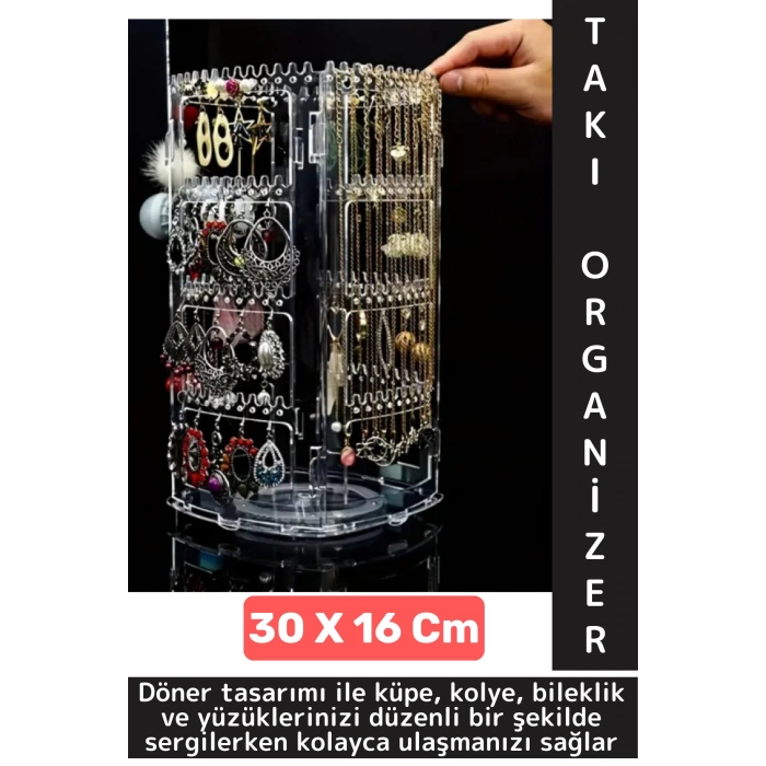 Dayanıklı Plastik Çok Şık Modern Pratik Düzenleyici Takı Küpe Kolye Yüzük 360° Döner Takı Organizeri