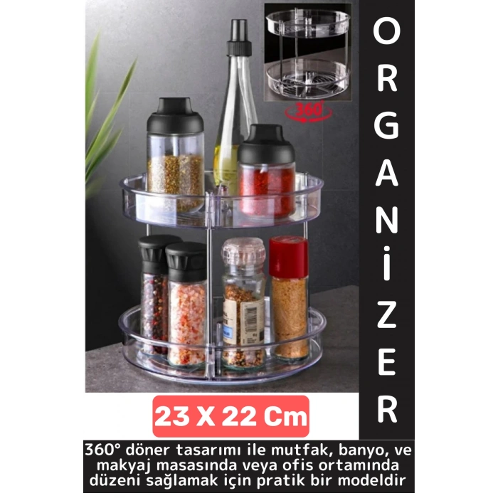 Dayanıklı Plastik Mutfak Baharat Banyo Takı Makyaj Ofis Çok Amaçlı Döner Tasarım İki Katlı Organizer