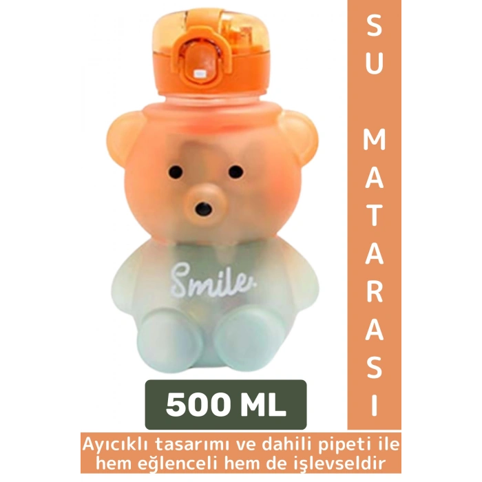 Dayanıklı Ev Ofis Çocuk Okul Outdoor Sızdırmaz Kapaklı Sevimli Ayıcıklı Pipetli Su Matarası 500 ML