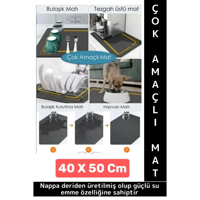 Kaymaz Kauçuk Güçlü Su Emici Tezgah Üstü Banyo Mutfak Bulaşık Kapı Önü Çok Amaçlı Mat 40 X 50 Cm