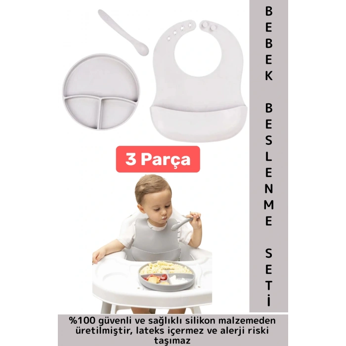 Kaymaz Sağlıklı Önlük Diş Kaşıyıcılı Kaşık Vakumlu Tabak 3 Parça Silikon Bebek Beslenme Seti Gri