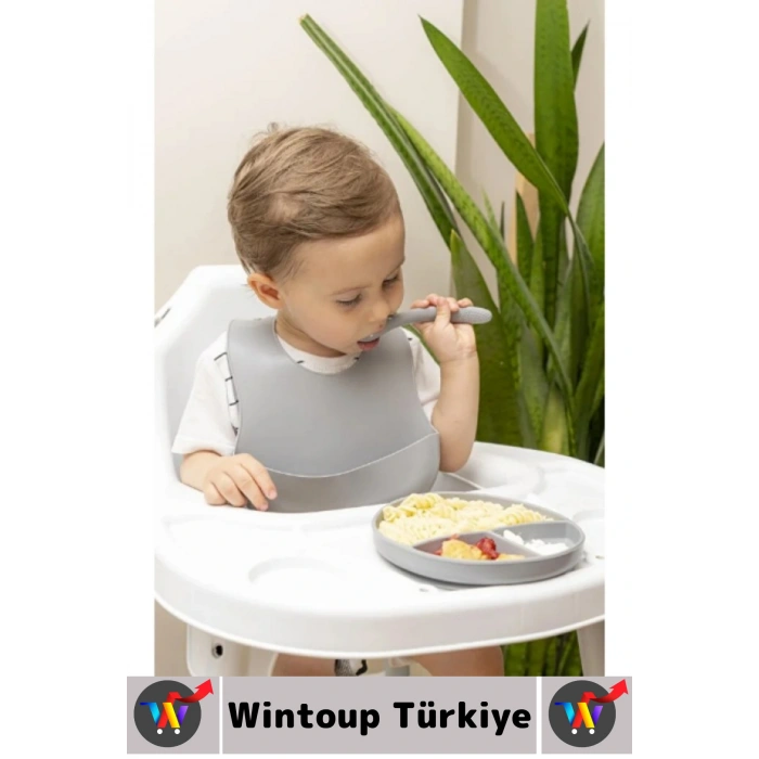Kaymaz Sağlıklı Önlük Diş Kaşıyıcılı Kaşık Vakumlu Tabak 3 Parça Silikon Bebek Beslenme Seti Gri