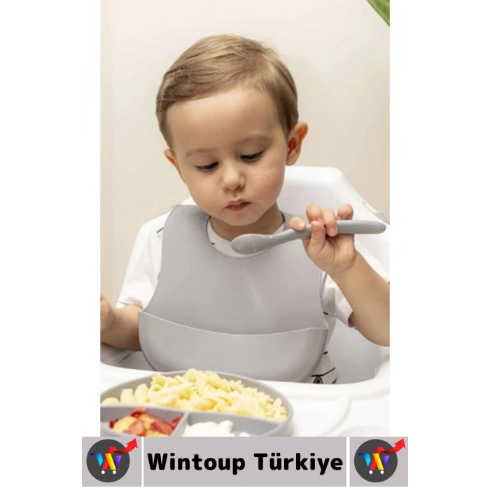 Kaymaz Sağlıklı Önlük Diş Kaşıyıcılı Kaşık Vakumlu Tabak 3 Parça Silikon Bebek Beslenme Seti Gri