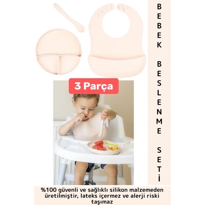 Kaymaz Sağlıklı Önlük Diş Kaşıyıcılı Kaşık Vakumlu Tabak 3 Parça Silikon Bebek Beslenme Seti Krem