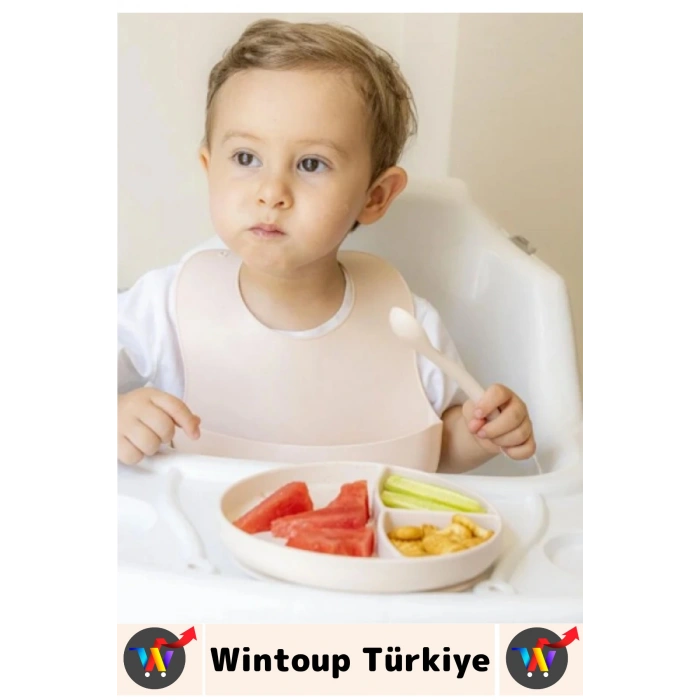 Kaymaz Sağlıklı Önlük Diş Kaşıyıcılı Kaşık Vakumlu Tabak 3 Parça Silikon Bebek Beslenme Seti Krem