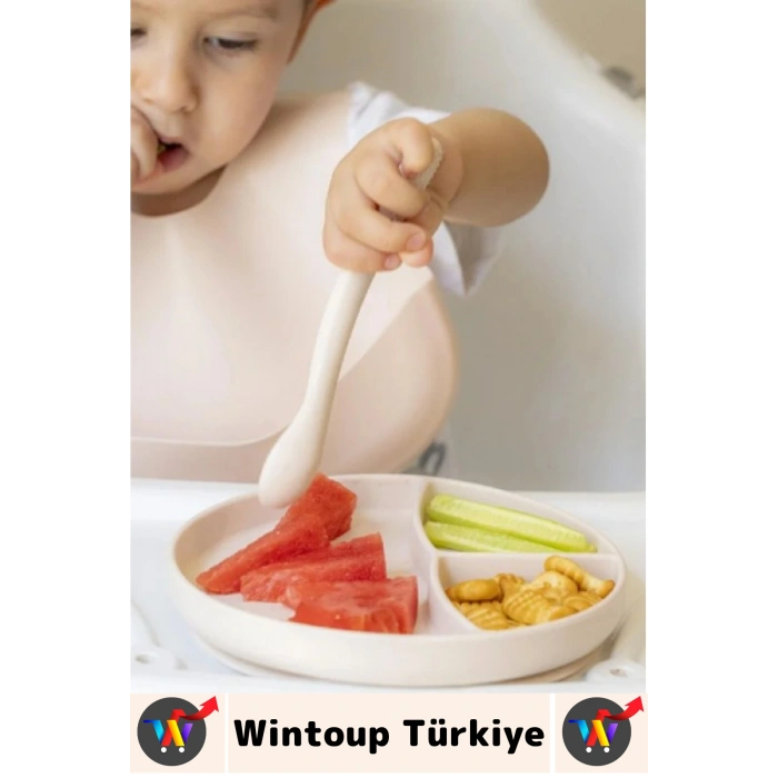 Kaymaz Sağlıklı Önlük Diş Kaşıyıcılı Kaşık Vakumlu Tabak 3 Parça Silikon Bebek Beslenme Seti Krem