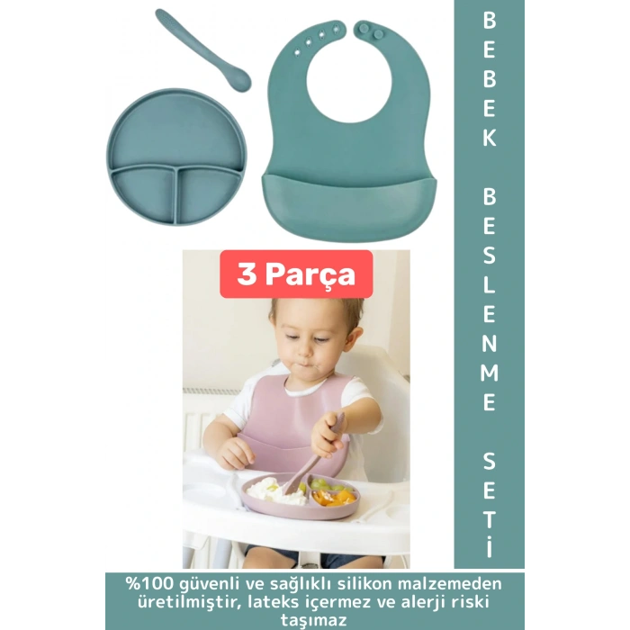 Kaymaz Sağlıklı Önlük Diş Kaşıyıcılı Kaşık Vakumlu Tabak 3 Parça Silikon Bebek Beslenme Seti Yeşil