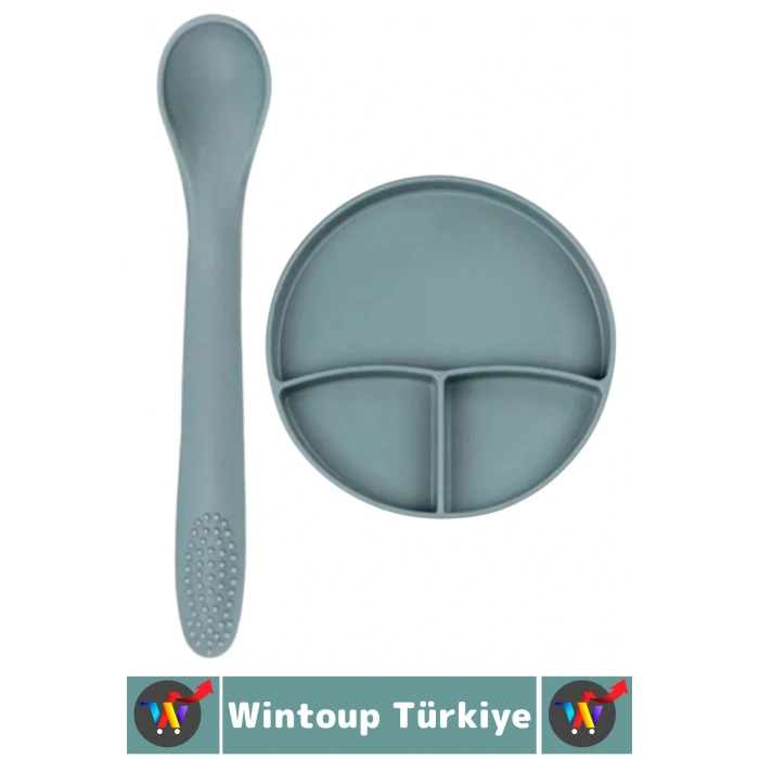 Kaymaz Sağlıklı Önlük Diş Kaşıyıcılı Kaşık Vakumlu Tabak 3 Parça Silikon Bebek Beslenme Seti Yeşil