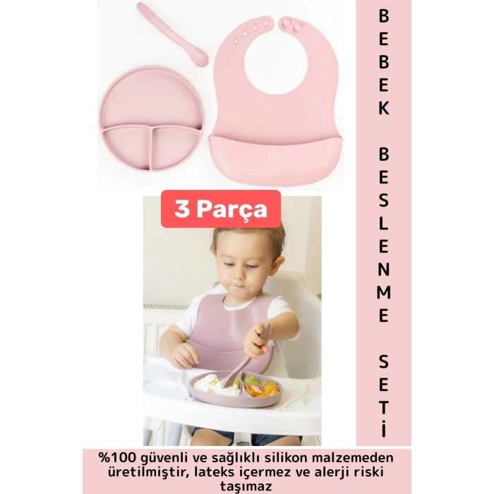 Kaymaz Sağlıklı Önlük Diş Kaşıyıcılı Kaşık Vakumlu Tabak 3 Parça Silikon Bebek Beslenme Seti Pembe