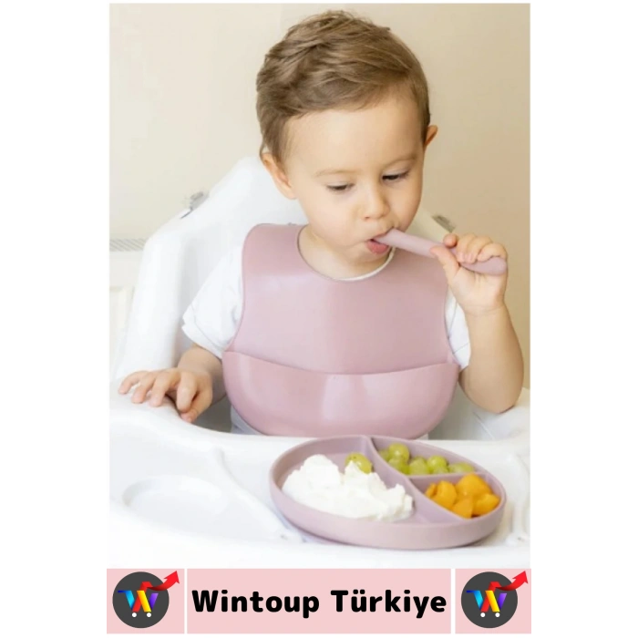 Kaymaz Sağlıklı Önlük Diş Kaşıyıcılı Kaşık Vakumlu Tabak 3 Parça Silikon Bebek Beslenme Seti Pembe
