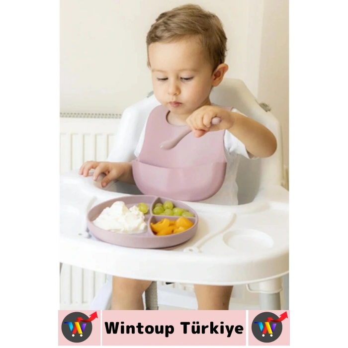 Kaymaz Sağlıklı Önlük Diş Kaşıyıcılı Kaşık Vakumlu Tabak 3 Parça Silikon Bebek Beslenme Seti Pembe
