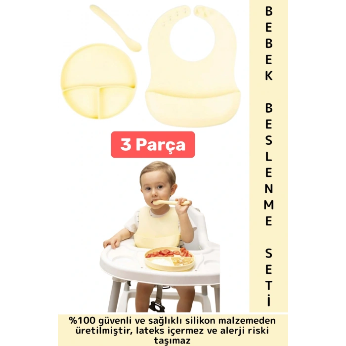 Kaymaz Sağlıklı Önlük Diş Kaşıyıcılı Kaşık Vakumlu Tabak 3 Parça Silikon Bebek Beslenme Seti Sarı