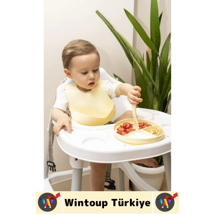 Kaymaz Sağlıklı Önlük Diş Kaşıyıcılı Kaşık Vakumlu Tabak 3 Parça Silikon Bebek Beslenme Seti Sarı