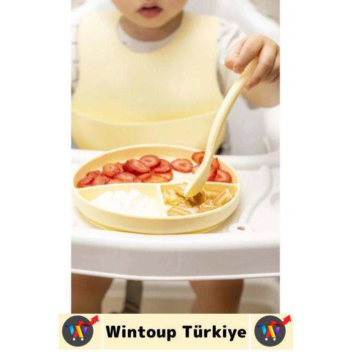 Kaymaz Sağlıklı Önlük Diş Kaşıyıcılı Kaşık Vakumlu Tabak 3 Parça Silikon Bebek Beslenme Seti Sarı
