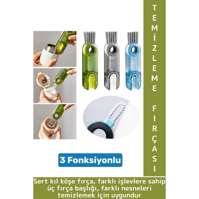 Kompakt Sert Kıllı Zor Nokta Köşe Termos Biberon Bardak 3 Fonksiyonlu Çok Amaçlı Temizleme Fırçası