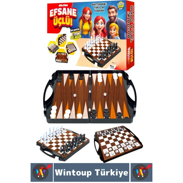 Eğlenceli Çocuk Yetişkin Aile Okul Eğitici Taşıma Çantalı Tavla Satranç Dama 3 in 1 Özel Oyun Seti