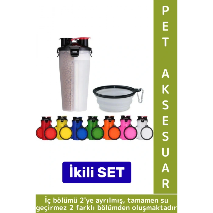 Günlük Seyahat Tipi Evcil Hayvan 2 İç Bölmeli Portatif Pet Kedi Köpek Mama Su Kabı Taşıma Seti