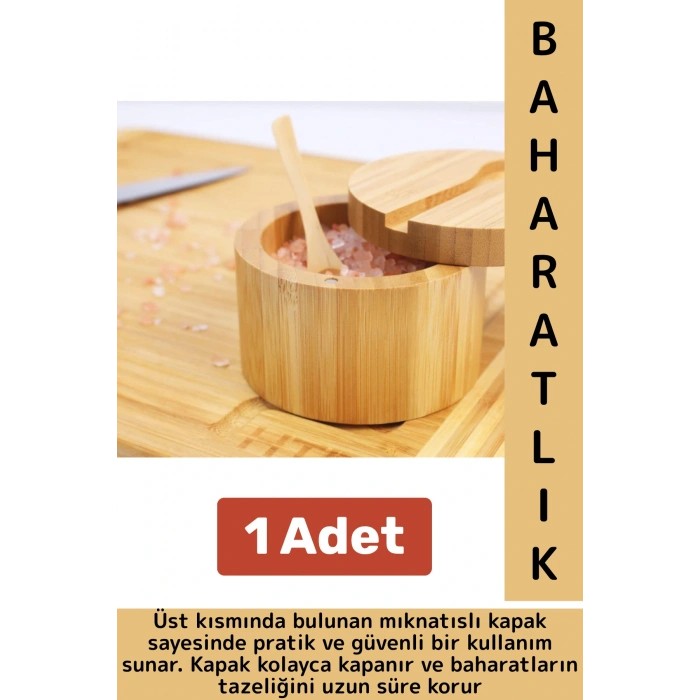 Dayanıklı Mutfak Mıknatıslı Kapak Hijyenik Çok Şık Doğal Ahşap Kaşıklı Baharatlık Kaşık Seti 1 Adet