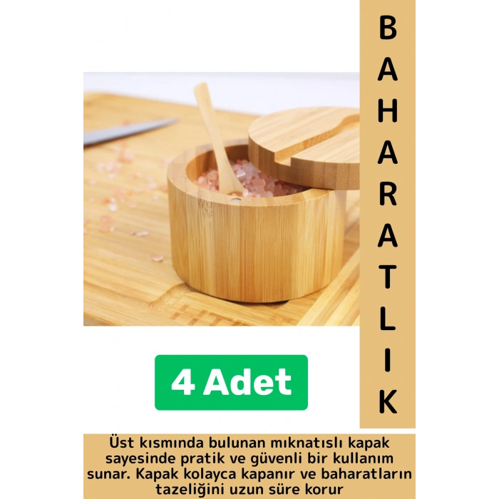 Dayanıklı Mutfak Mıknatıslı Kapak Hijyenik Çok Şık Doğal Ahşap Kaşıklı Baharatlık Kaşık Seti 4 Adet