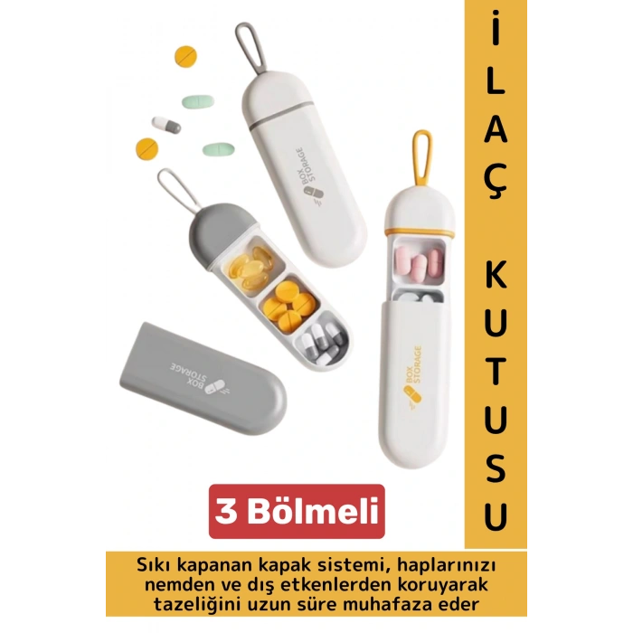 Kompakt Seyahat Tipi Çanta Boy Suya Dayanıklı Sıkı Kapak Hijyenik 3 Bölmeli İlaç Saklama Kutusu