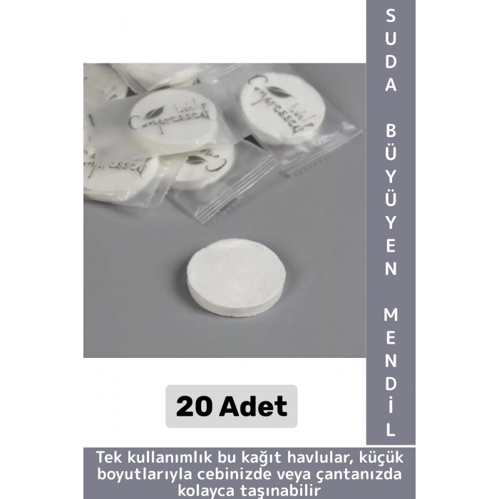 Gündelik Cep Çanta Boy Ofis Seyahat Hijyenik Tek Kullanım Suda Büyüyen Sıkıştırılmış Mendil 20 Adet