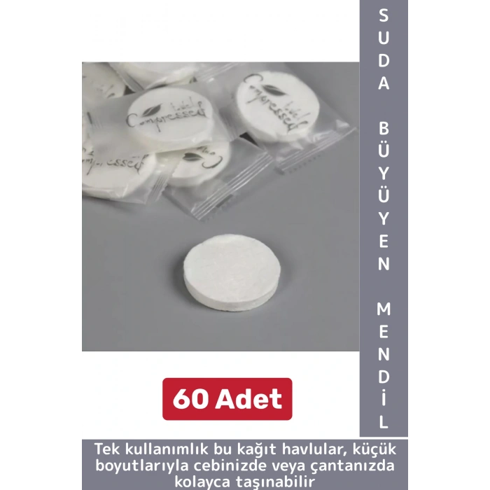 Gündelik Cep Çanta Boy Ofis Seyahat Hijyenik Tek Kullanım Suda Büyüyen Sıkıştırılmış Mendil 60 Adet