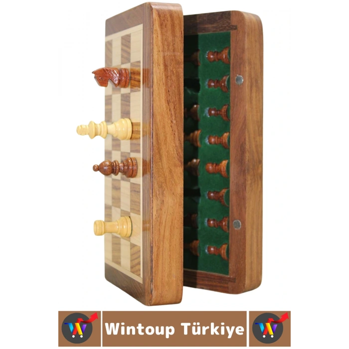 Premium Yüksek Kalite Özel Vernikli Mıknatıs Taşlı Ahşap Katlanabilir Kutulu Satranç Takımı 12.5 Cm