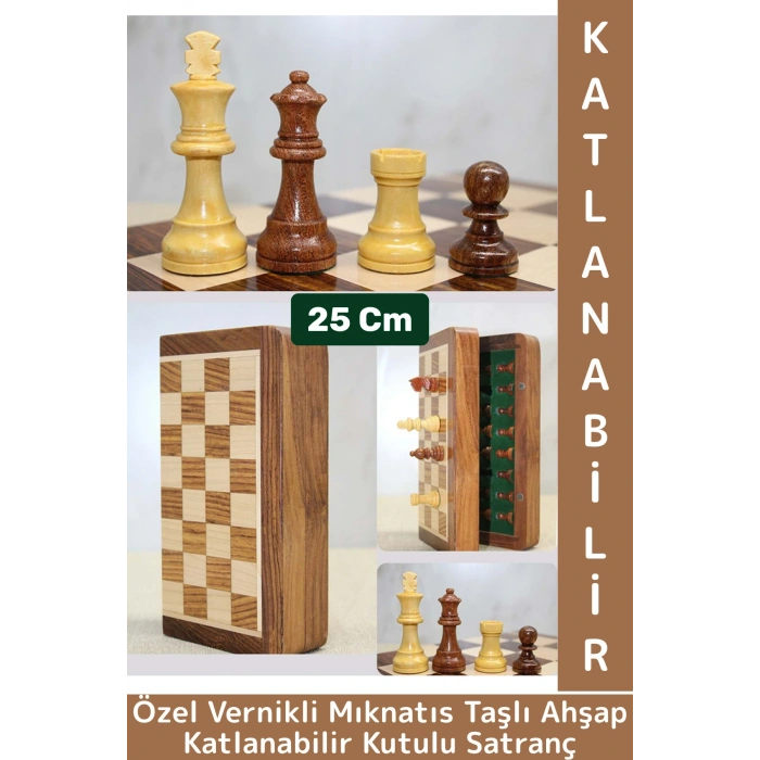Premium Yüksek Kaliteli Özel Vernikli Mıknatıs Taşlı Ahşap Katlanabilir Kutulu Satranç Takımı 25 Cm