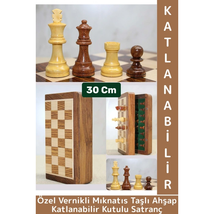 Premium Yüksek Kaliteli Özel Vernikli Mıknatıs Taşlı Ahşap Katlanabilir Kutulu Satranç Takımı 30 Cm