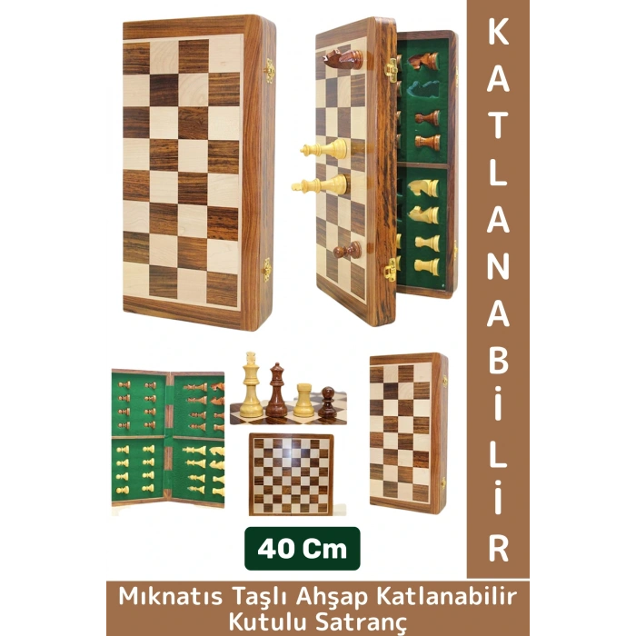 Premium Yüksek Kaliteli Özel Mıknatıs Taşlı Ahşap Katlanabilir Kutulu Satranç Takımı 40 Cm