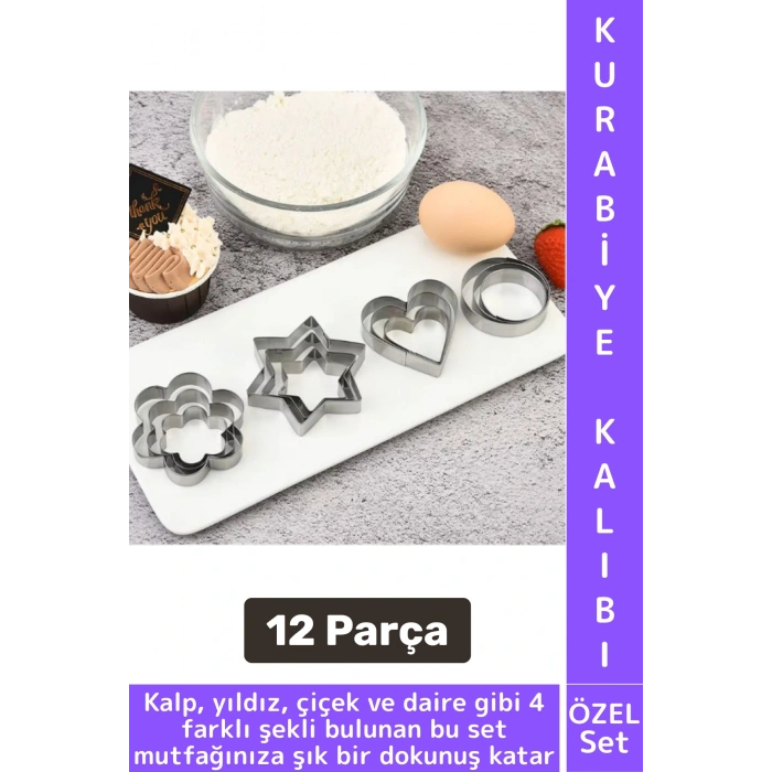 Yanmaz Yapışmaz Şık Yıldız Daire Çiçek Kalp Tasarım Mutfak Omlet Kek Kurabiye Kalıbı Seti 12 Parça