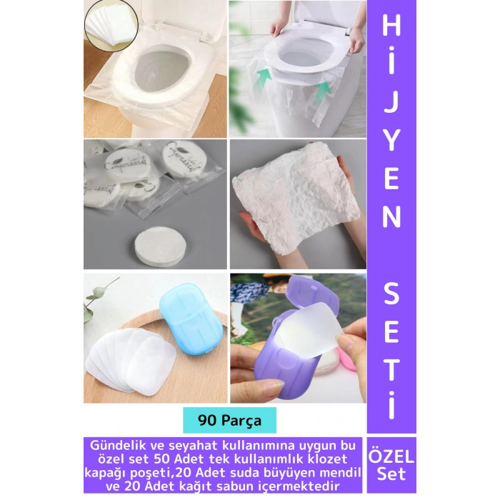 Seyahat 50 Adet Klozet Kapak Örtüsü 20 Adet Suda Büyüyen Mendil 20 Adet Kağıt Sabun Özel Hijyen Seti