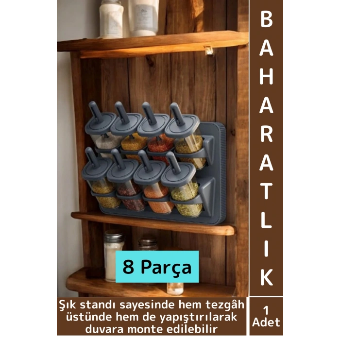 Premium Mutfak Tezgah Üstü Duvara Monte Edilebilir Standlı Çok Şık Kaşıklı Baharatlık 8 Parça 350 ML