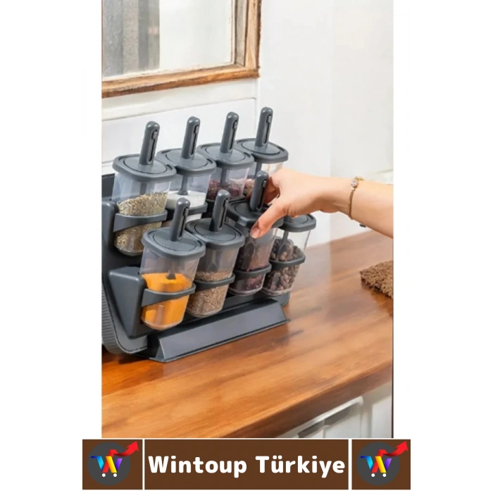 Premium Mutfak Tezgah Üstü Duvara Monte Edilebilir Standlı Çok Şık Kaşıklı Baharatlık 8 Parça 350 ML