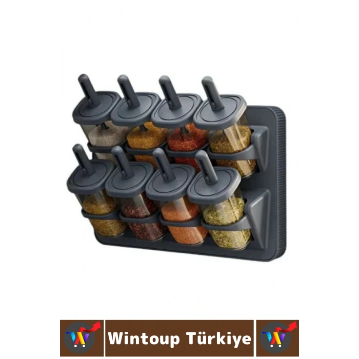 Premium Mutfak Tezgah Üstü Duvara Monte Edilebilir Standlı Çok Şık Kaşıklı Baharatlık 8 Parça 350 ML