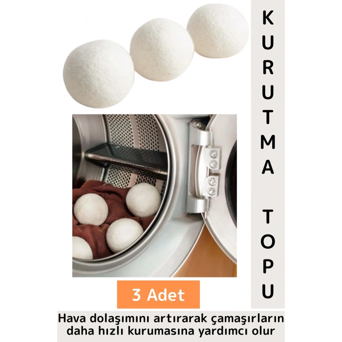 Kırışıklık Azaltan Hızlı Kuruma Sürtünme Engelleyen Çamaşır Makinesi Pratik Yün Kurutma Topu 3 Adet