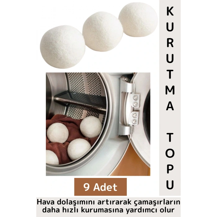 Kırışıklık Azaltan Hızlı Kuruma Sürtünme Engelleyen Çamaşır Makinesi Pratik Yün Kurutma Topu 9 Adet