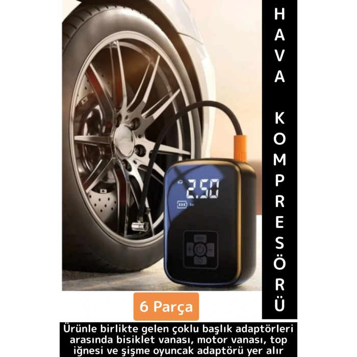 Premium Araba Motosiklet Bisiklet Şişme Yatak Dijital Led Ekranlı Şarjlı Hava Kompresörü 6 Parça