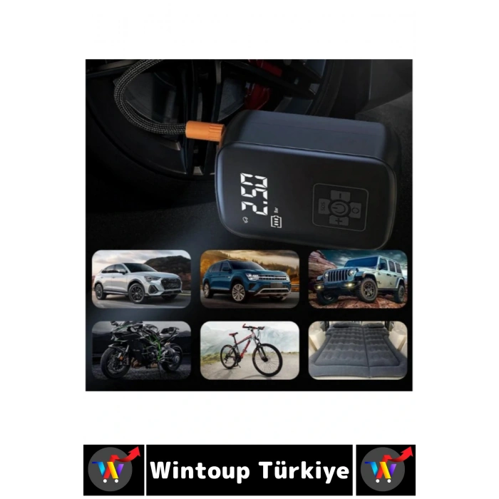Premium Araba Motosiklet Bisiklet Şişme Yatak Dijital Led Ekranlı Şarjlı Hava Kompresörü 6 Parça