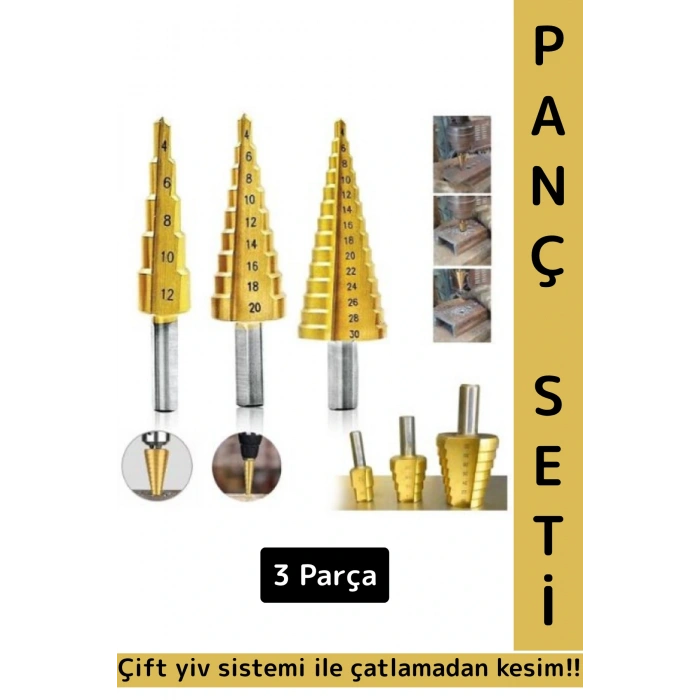 Premium Dayanıklı Çift Yiv Sistemli Çatlamadan Kesim Sac Delme Kademeli Matkap Ucu Panç Seti 3 Parça