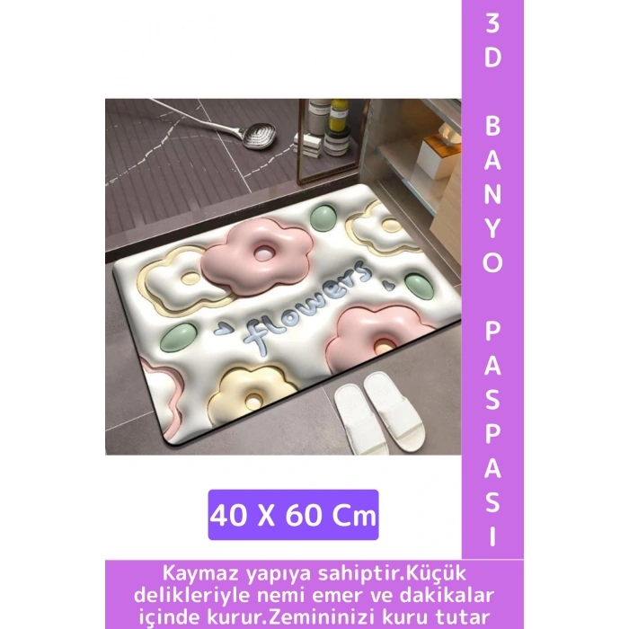 Dayanıklı Uzun Ömürlü Kaymaz Leke Tutmaz Ultra Su Nem Koku Emici Çok Şık 3D Banyo Paspası 40x60 Cm