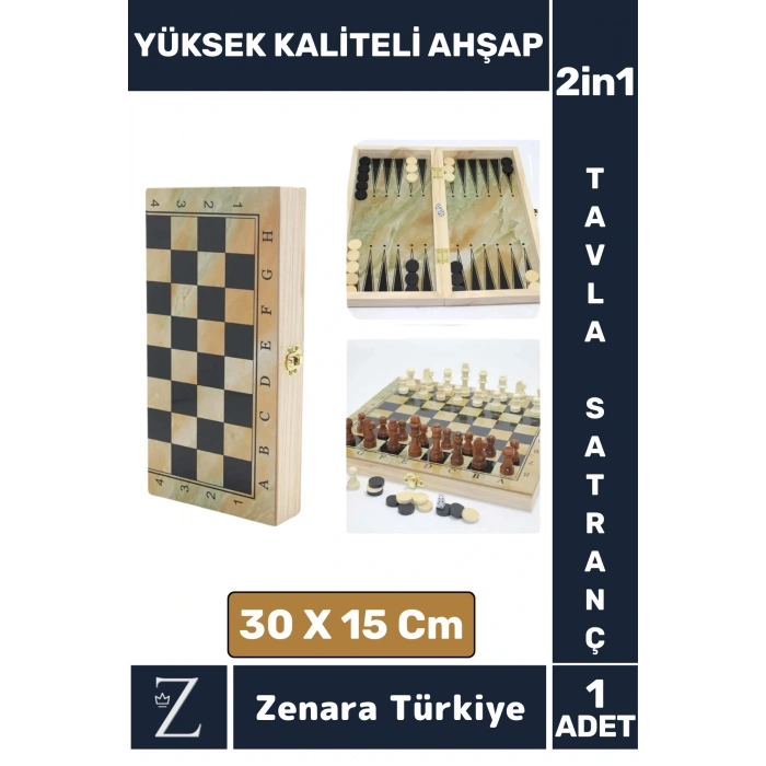 Premium Yüksek Kaliteli Ahşap Arkadaş Oyun Hediyelik Ahşap Tavla Satranç 2 in 1 Oyun Seti 30 X 15 Cm
